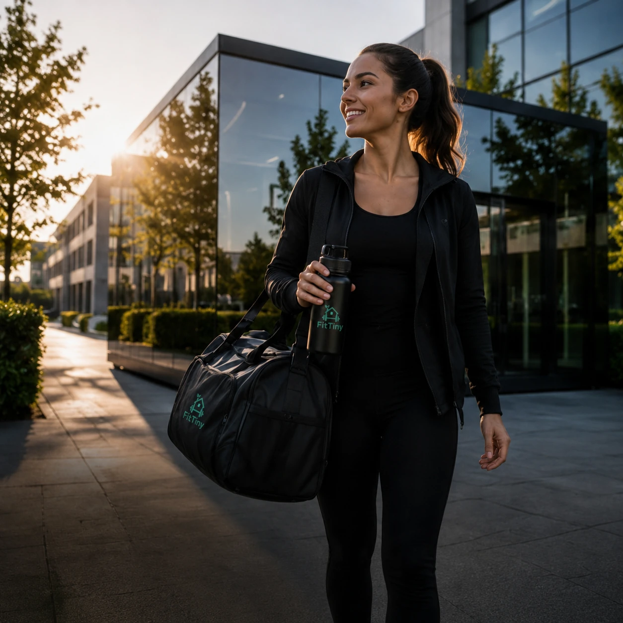 A colleague leaves FitTiny with her bag and bottle
